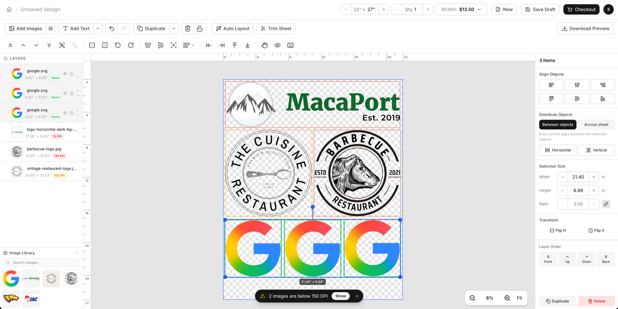 The Macaport gang sheet builder with several logos arranged on a 22 inch sheet, a layers panel, and a low resolution warning