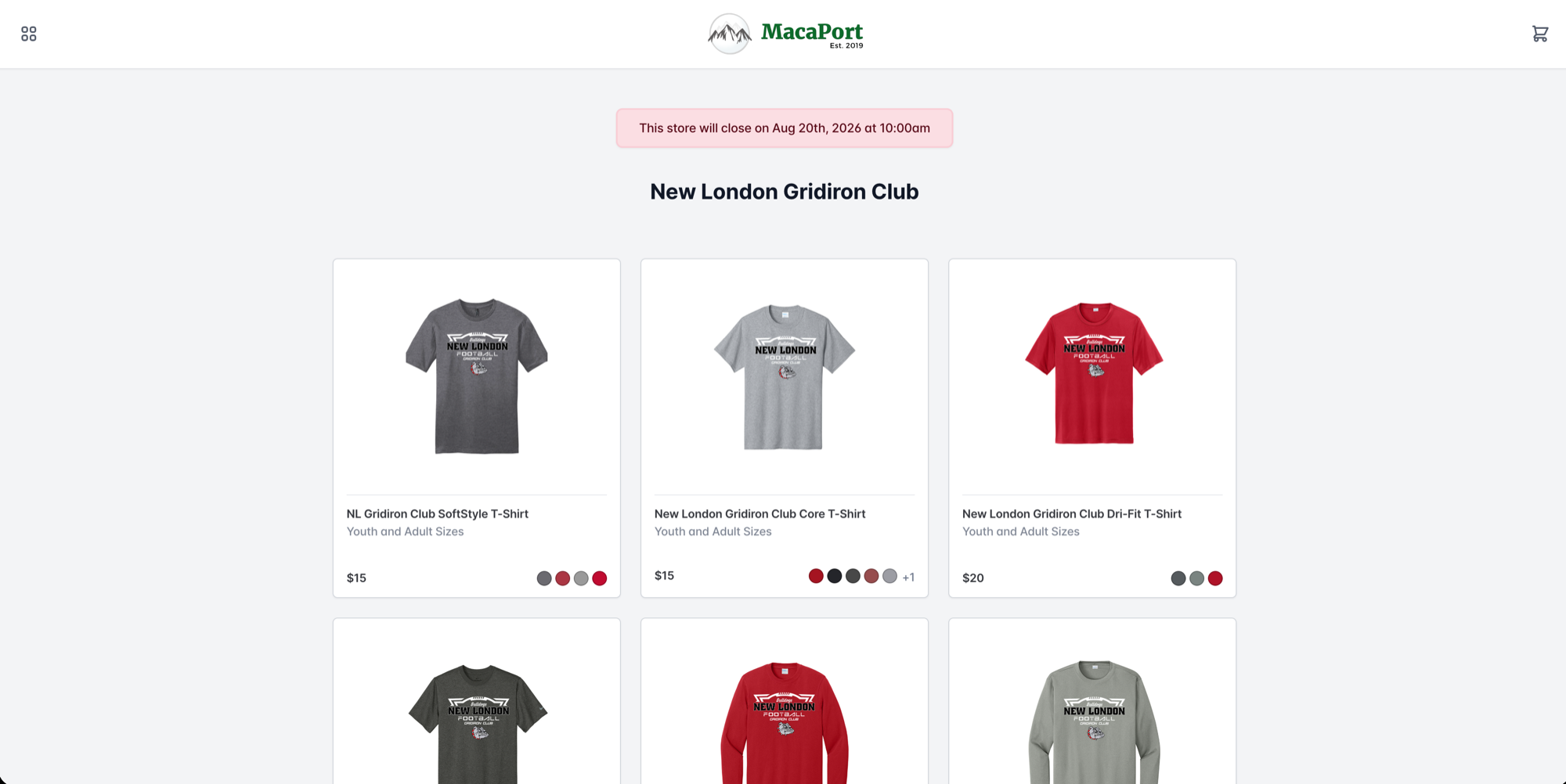 A Macaport team store page for the New London Gridiron Club showing shirts, prices, color options, and the date the store closes