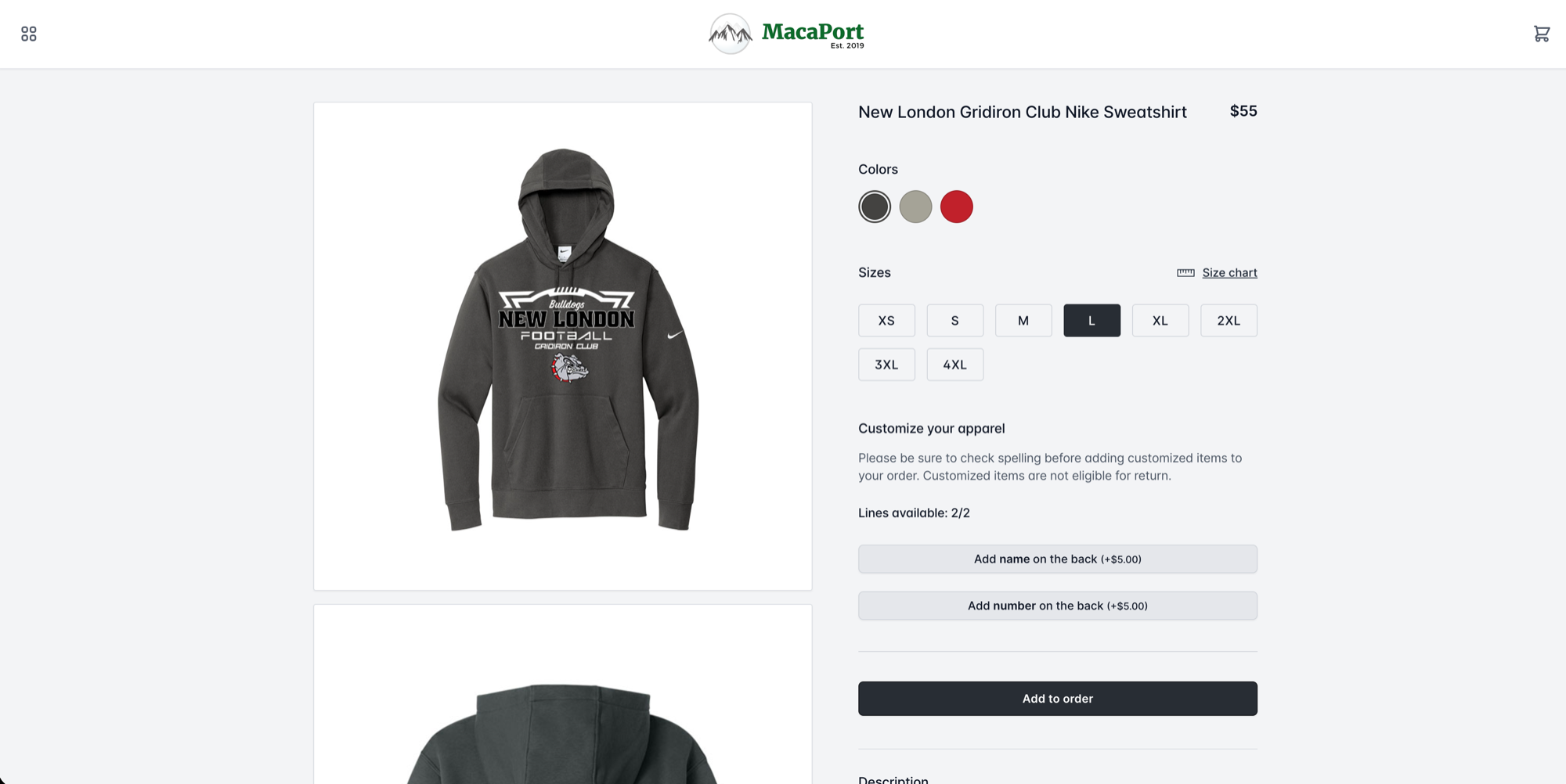A team store product page showing a Nike sweatshirt with color choices, sizes from XS to 4XL, and options to add a name or number on the back
